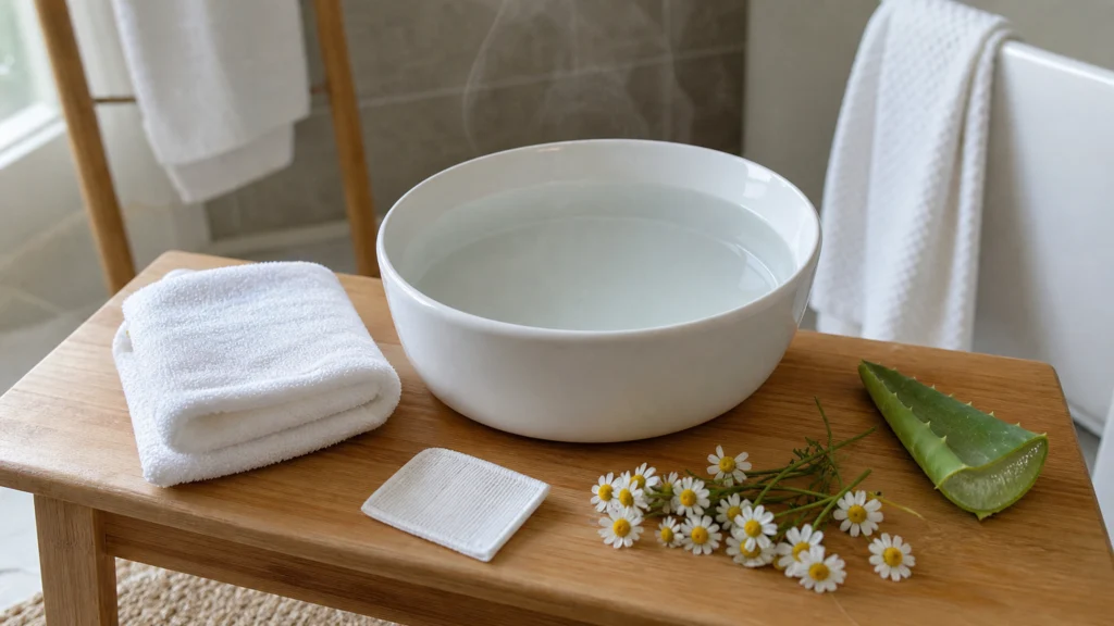 Bassin d’eau tiède, serviette, compresse, camomille et aloe vera dans une salle de bain lumineuse