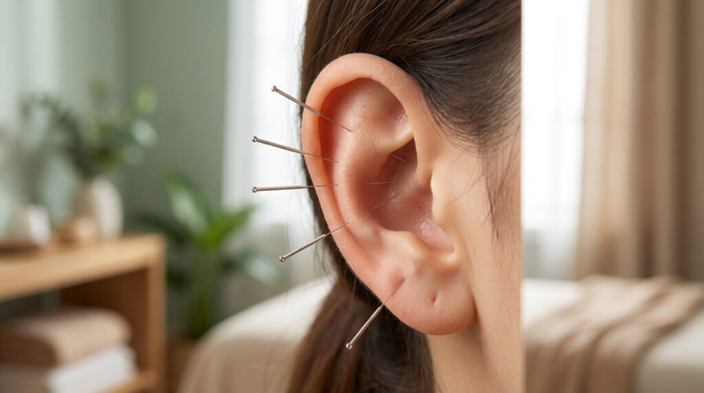 Detailed view of an ear receiving acupuncture. Fine needles are gently placed on the auricle, conveying natural wellness and balance.
