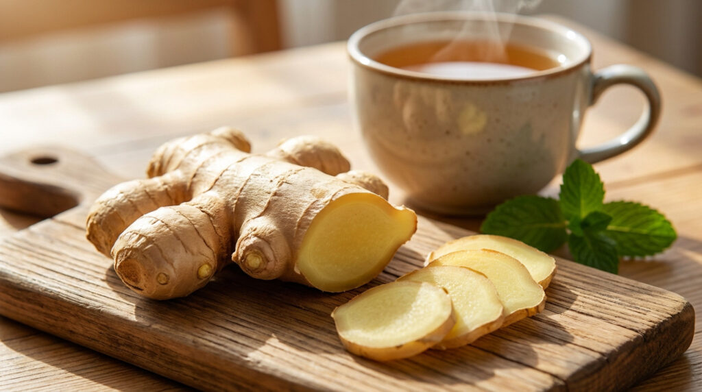 A fresh ginger root with slices on a wooden board, next to a steaming cup of ginger tea and a mint sprig, bathed in soft light.