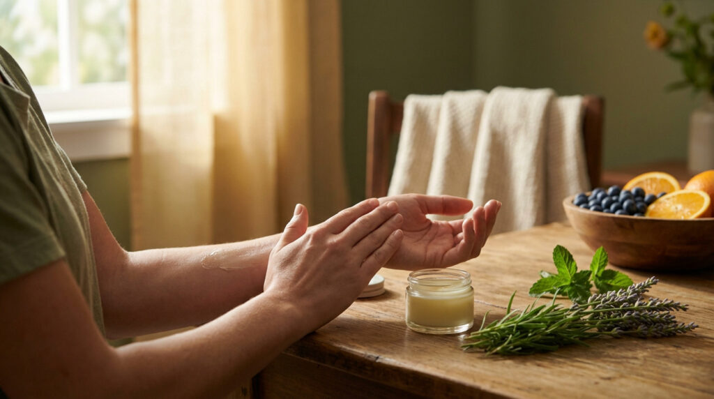 Close-up of hands applying natural balm to skin, surrounded by lavender, mint, and a jar of cream on a wooden table. Blurred fruit bowl and window in background.