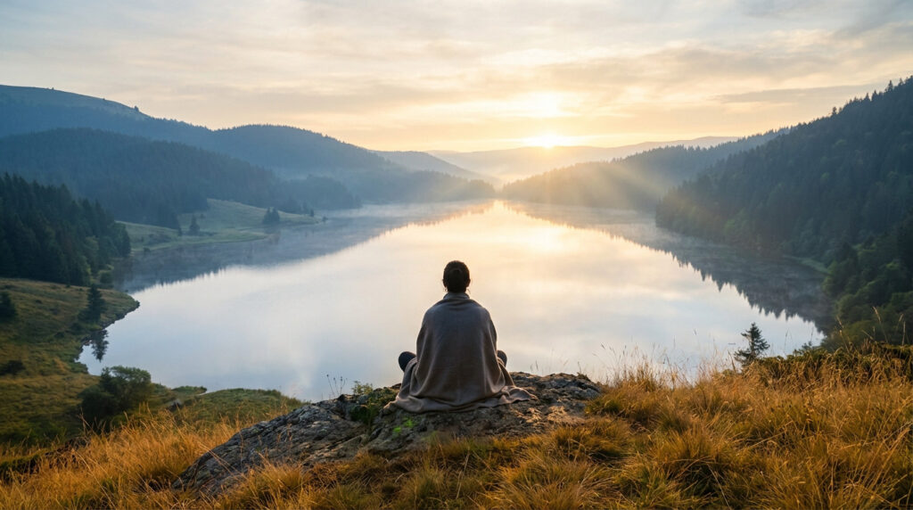 A person meditates on a rocky hill overlooking a misty lake and forested mountains at sunrise, bathed in golden light.
