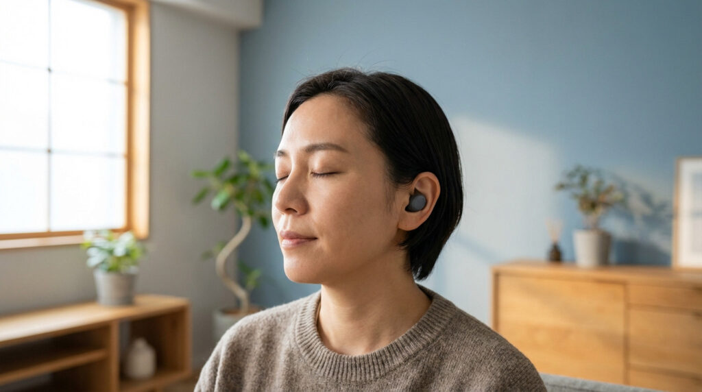 Adult with eyes closed, serene, wearing a discreet in-ear sound masker. Soft-lit minimalist room, muted tones, evoking calm.