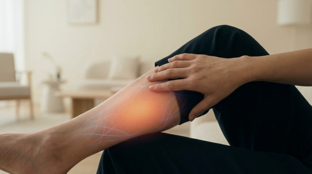 Anonymous leg with glowing orange heat and abstract blue/red circulatory lines. Hand rests gently, conveying thoughtful sensation.