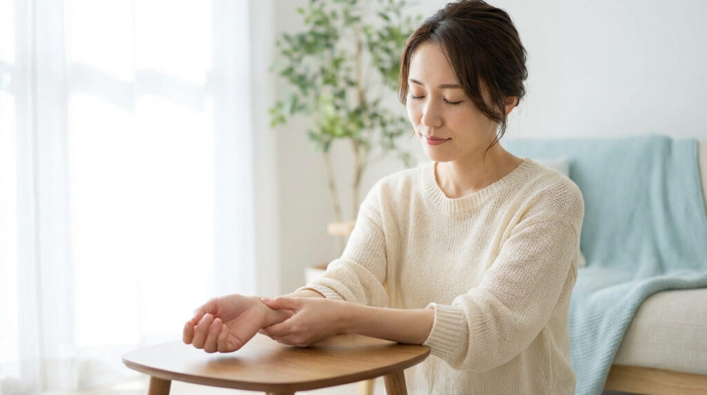Femme asiatique les yeux fermés, pratiquant l'acupression sur son poignet gauche. Elle semble détendue dans un intérieur lumineux.