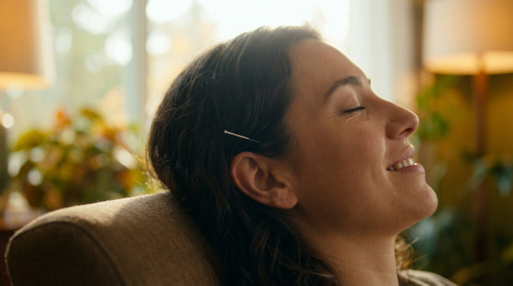 Gros plan d'une femme souriante, les yeux fermés, avec une aiguille d'acupuncture dans l'oreille. Elle semble détendue.
