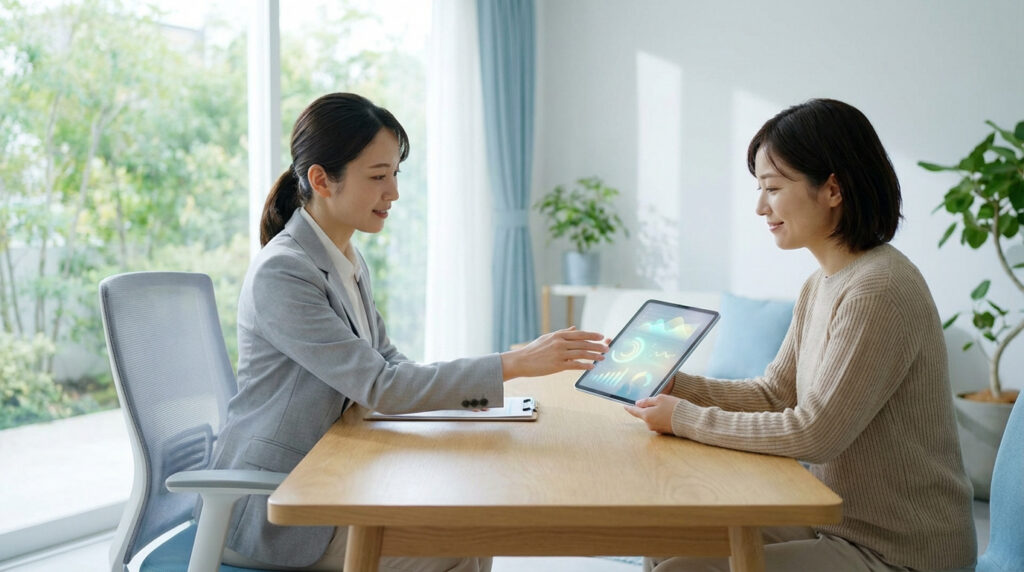 Deux femmes consultent des données médicales sur tablette. Une professionnelle explique des graphiques à une patiente.