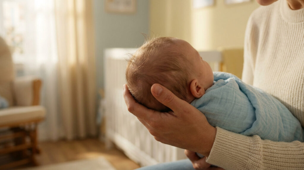 Bébé emmailloté dans une couverture bleue, tenu avec tendresse par un adulte. L'arrière de sa tête claire est visible dans une pièce lumineuse.