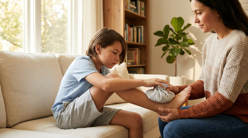 Enfant appliquant un pack de glace sur son talon, assisté par un adulte. Illustration du traitement de la maladie de Sever.