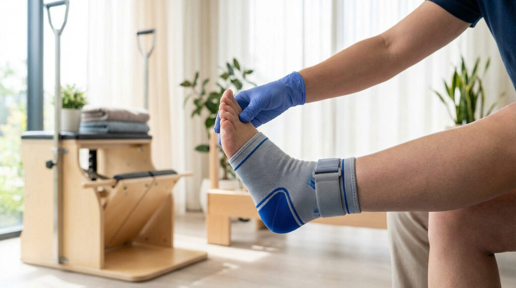 Une main gantée de bleu examine la cheville d'une personne portant une attelle grise et bleue, suggérant une séance de physiothérapie.