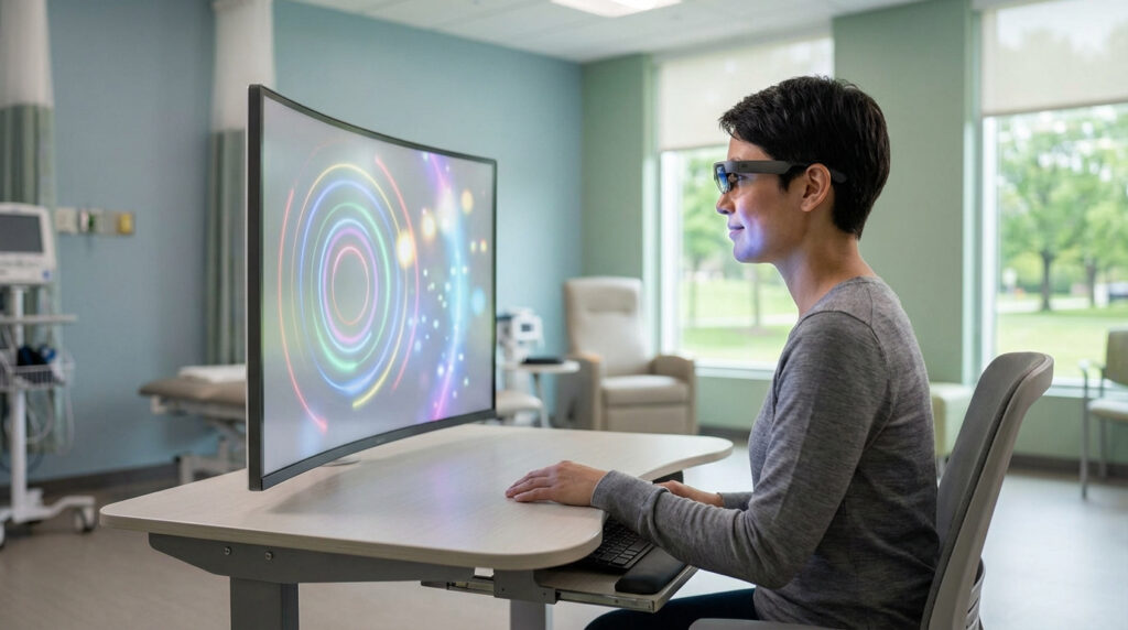 Femme en lunettes RA devant un écran incurvé avec motifs pour rééducation visuelle, dans une pièce médicale lumineuse.