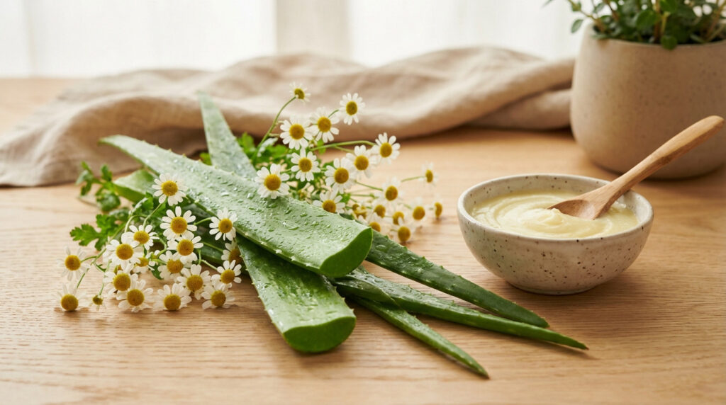 Feuilles d'aloe vera, fleurs de camomille et un bol de crème apaisante avec une cuillère en bois sur une table claire.