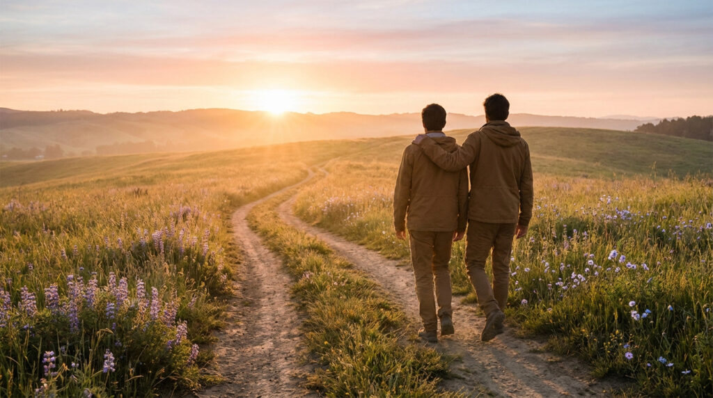Deux personnes de dos sur un sentier en terre dans un champ fleuri au coucher du soleil. Un bras enlacé symbolise le soutien mutuel.
