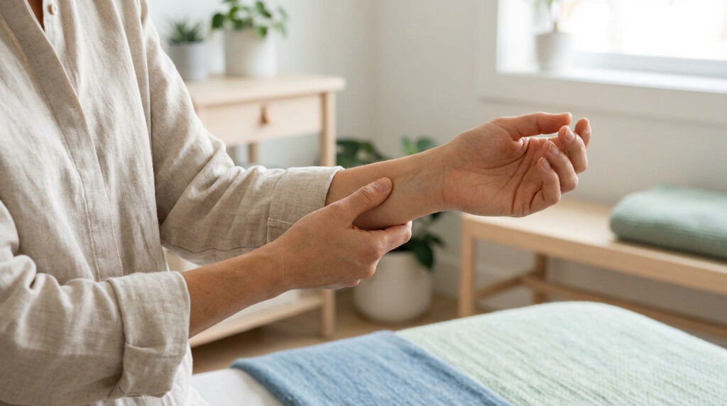Personne appliquant une acupression sur son poignet pour soulager la nausée. Contexte apaisant.