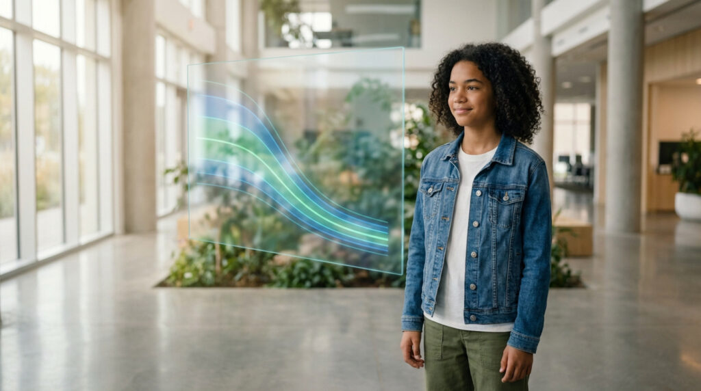 Jeune fille aux cheveux bouclés, vêtue d'une veste en jean, regarde un écran holographique affichant des courbes de santé.
