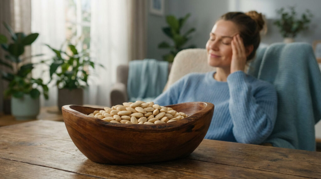 Bol d'amandes sur une table en bois, femme détendue main sur la tempe en arrière-plan flou.
