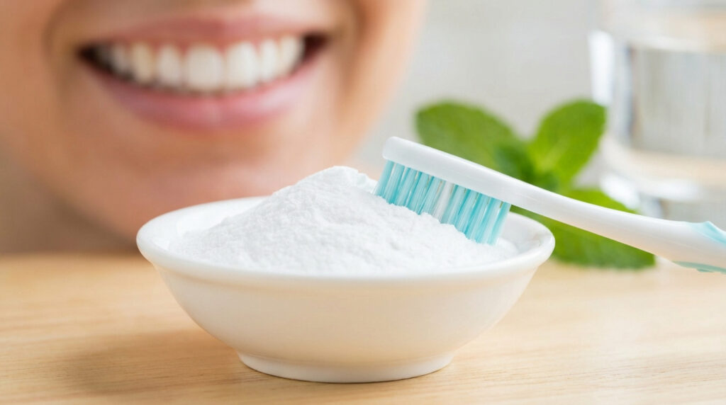 Une brosse à dents dans un bol de bicarbonate de soude, avec un sourire éclatant en arrière-plan et de la menthe.