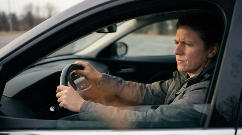 Personne au volant d'une voiture, les mains sur le volant et le regard déterminé. Elle semble concentrée ou préoccupée.