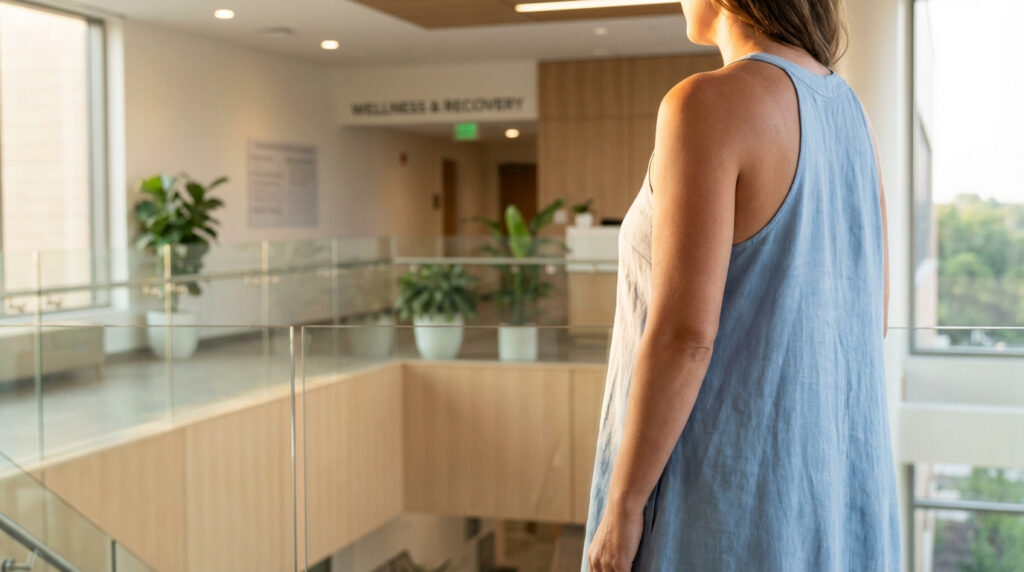 Femme de dos dans un centre de bien-être et de récupération lumineux, avec un panneau « WELLNESS & RECOVERY » visible.
