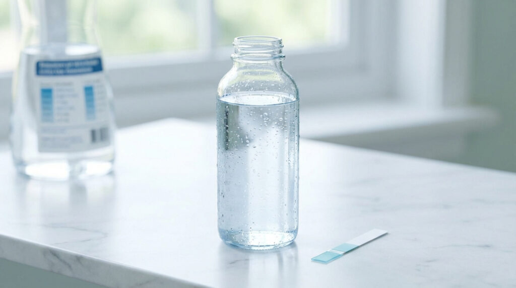Bouteille d'eau en verre avec condensation, bandelette de test pH et bouteille floue sur une surface en marbre blanc.