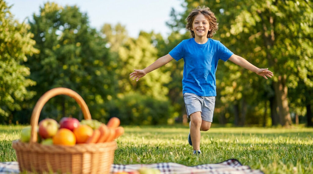 Jeune garçon souriant aux cheveux longs, vêtu d'un t-shirt bleu, courant joyeusement dans un parc. Un panier de fruits au premier plan.