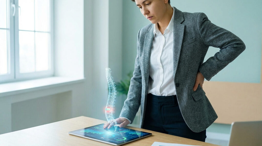 Femme avec mal de dos consultant une colonne vertébrale holographique sur tablette, illustrant une hernie discale.