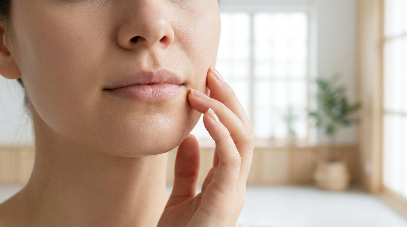Gros plan sur une femme touchant doucement sa lèvre inférieure et son menton, en train d'examiner la zone.