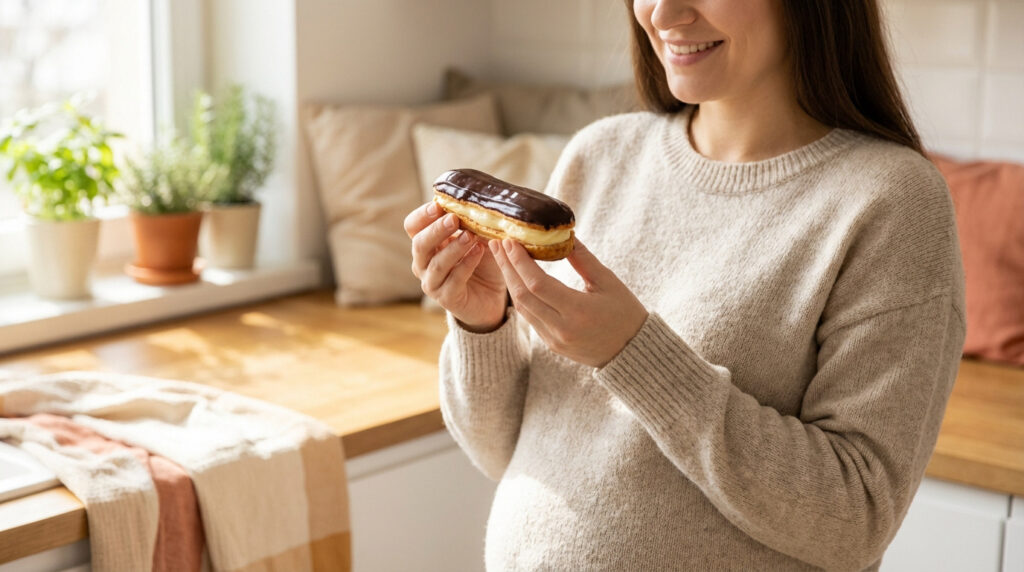 Femme enceinte en pull beige souriant, tenant un éclair au chocolat dans une cuisine ensoleillée avec des plantes.