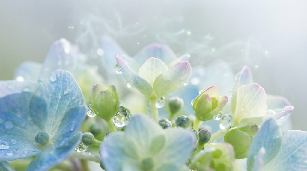 Hortensias aux teintes pastel de bleu, vert et blanc, ornés de gouttes de rosée scintillantes, sur fond flou clair.