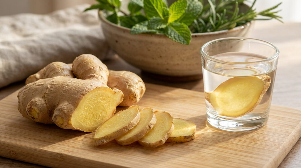 Racines de gingembre, tranches et boisson infusée. Bol d'herbes aromatiques en arrière-plan sur une planche en bois.