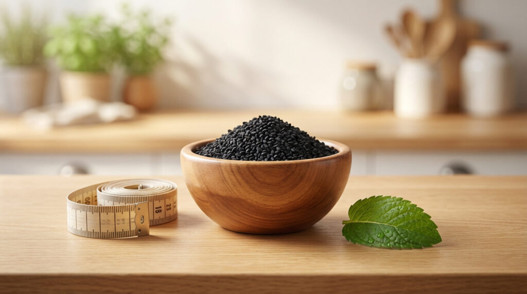 Graines de nigelle, mètre ruban et feuille fraîche sur un plan de travail. Symbole de bien-être et perte de poids naturelle.