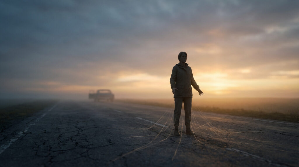 Femme pensive sur route fissurée au lever du soleil, des fils lumineux partent de ses pieds. Un camion lointain est visible dans la brume.