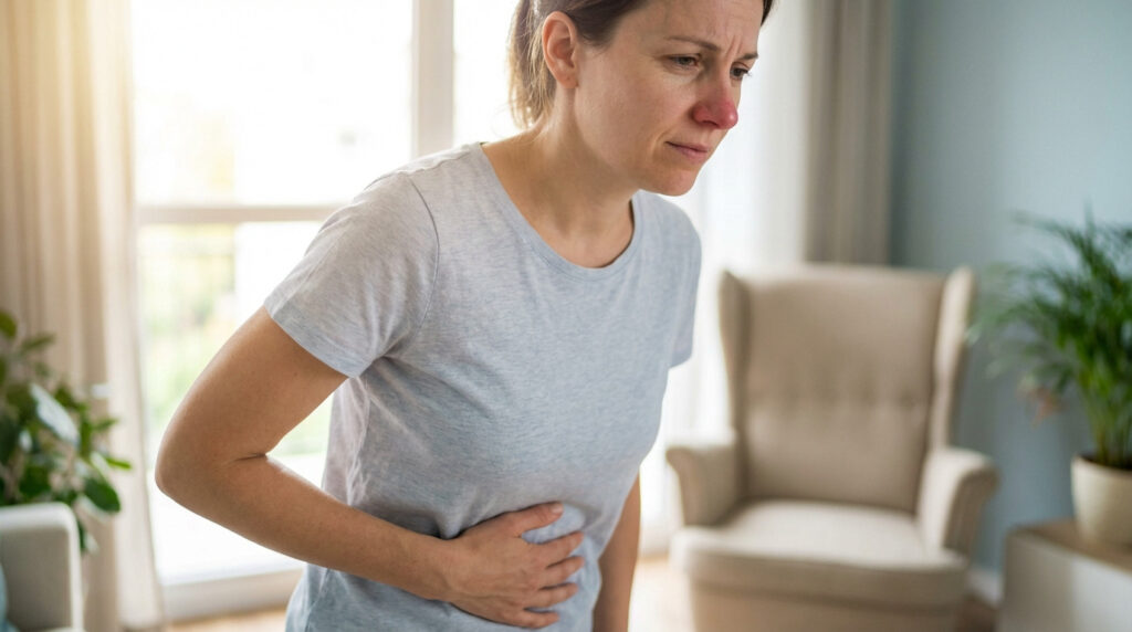 Photo d'une femme en T-shirt gris clair, main sur le bas-ventre, le visage marqué par la douleur ou l'inconfort.