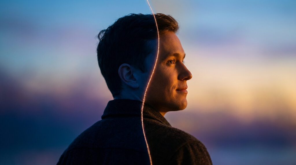 Visage d'homme divisé verticalement par une ligne lumineuse, une moitié froide, l'autre chaude, sur fond de ciel crépusculaire.