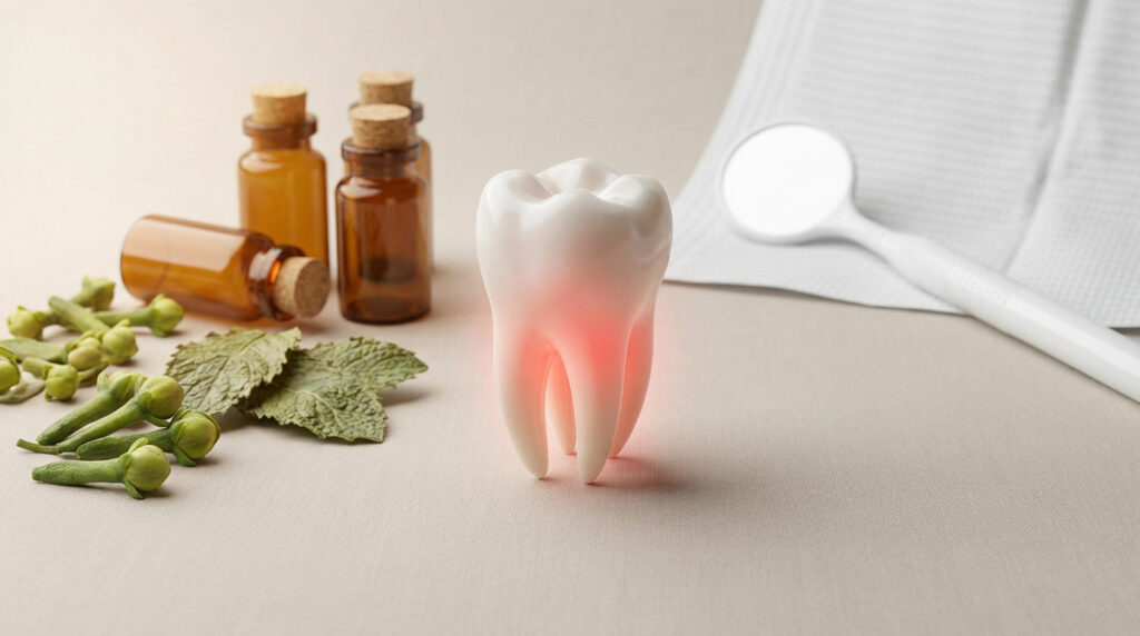 Représentation d'une dent douloureuse, clous de girofle, herbes, fioles et miroir dentaire sur fond clair.