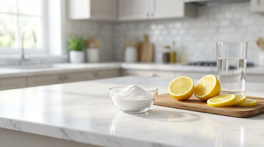 Sur un comptoir de cuisine lumineux, un bol de bicarbonate, des citrons et un verre d'eau, ingrédients pour un bain de bouche.