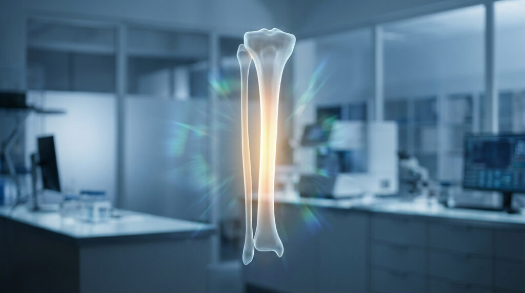 Modèle 3D de tibia et fibula avec zone lumineuse, suggérant activité métabolique, dans un laboratoire médical flou.