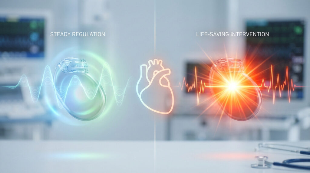 Illustration comparant un pacemaker (régulation constante) et un défibrillateur (intervention vitale) avec un cœur au centre.