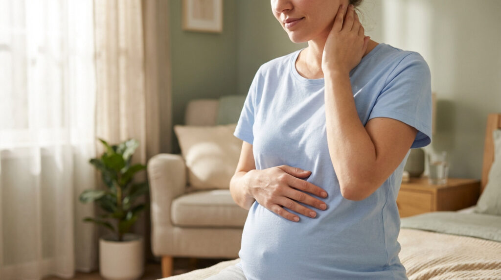 Une femme en t-shirt bleu clair tient son ventre et son cou, indiquant un inconfort abdominal ou des gaz post-cœlioscopie.