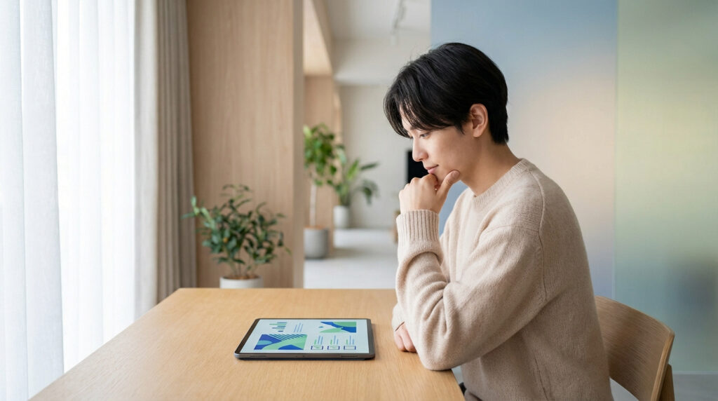 Jeune homme pensivement assis devant une tablette affichant des graphiques, évaluant son état mental dans un environnement serein.