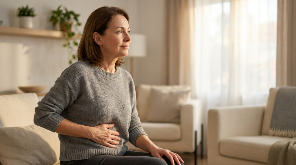 Une femme d'âge mûr, vêtue d'un pull gris, tient sa main sur son abdomen, regardant au loin, suggérant un inconfort lié à la ménopause.