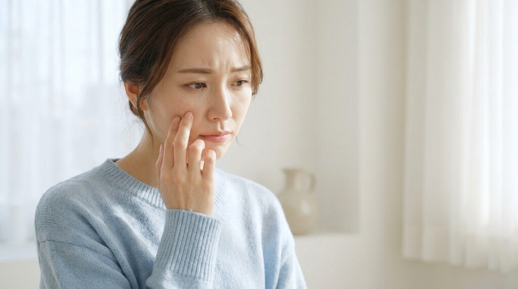 Une femme asiatique avec une expression préoccupée se touche la joue. Elle porte un pull bleu clair, fond flou et lumineux.