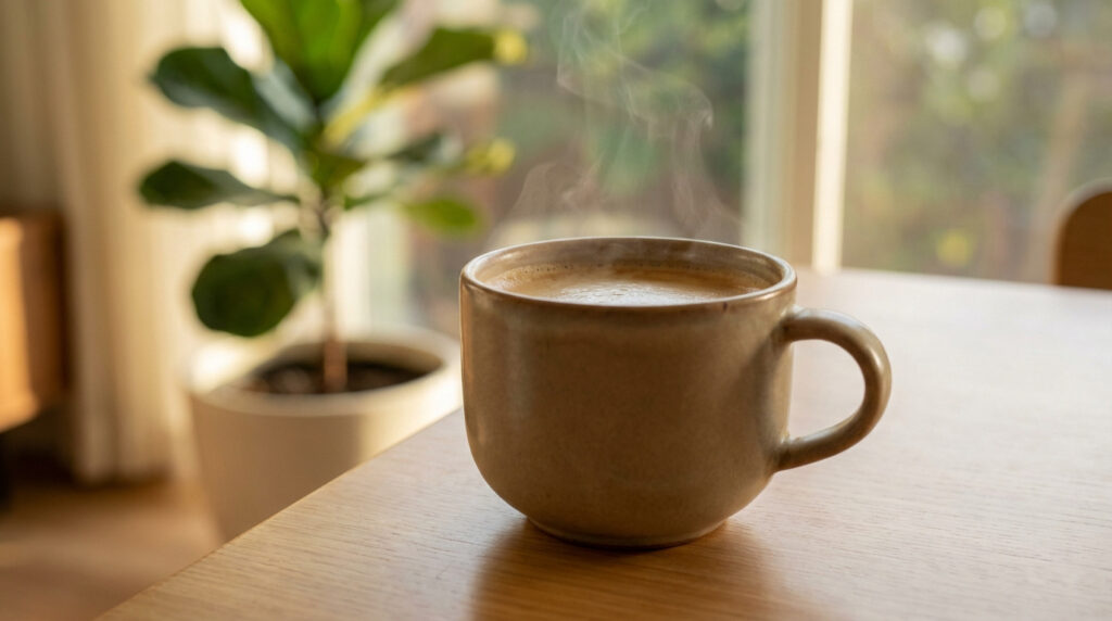 Tasse de café fumant sur une table en bois. Plante d'intérieur et fenêtre lumineuse en arrière-plan flou.