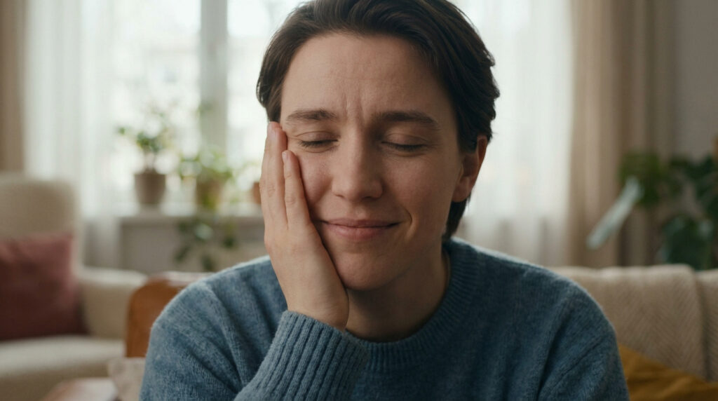 Gros plan d'une personne aux cheveux courts, les yeux clos, la main sur la joue, semblant apaisée ou soulagée du stress.