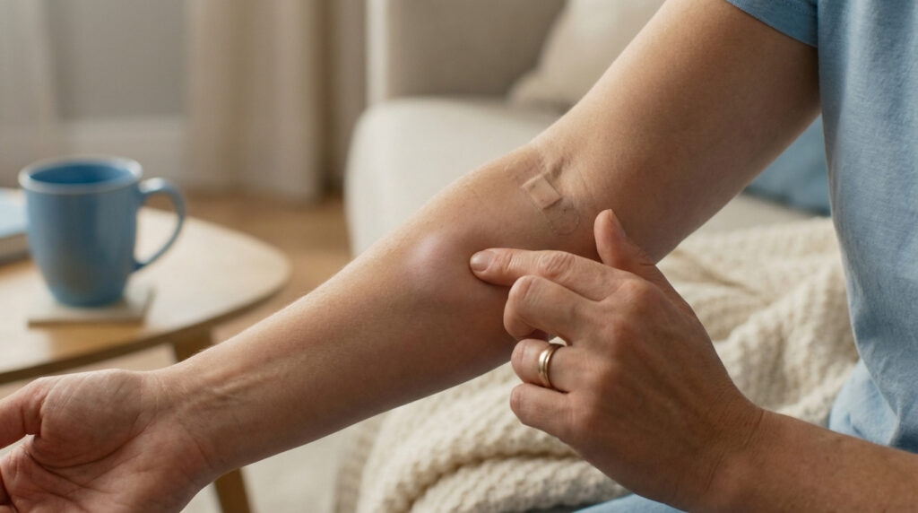 Gros plan d'un bras avec un gonflement et un pansement, une main touche la zone affectée après une perfusion.