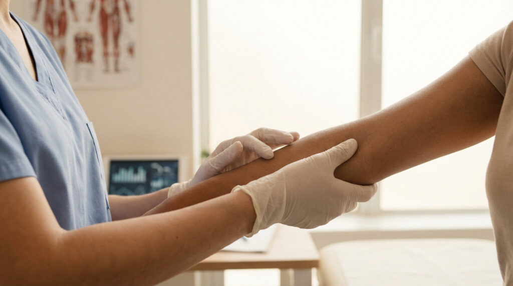 Médecin en blouse bleue et gants blancs examinant le bras d'un patient, potentiellement pour la maladie de morphée.