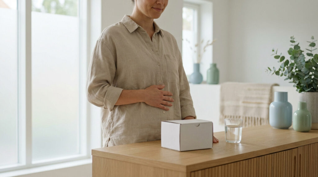 Gros plan sur une femme avec la main sur le ventre, un carton blanc et un verre d'eau sur un comptoir en bois, suggérant un malaise digestif.
