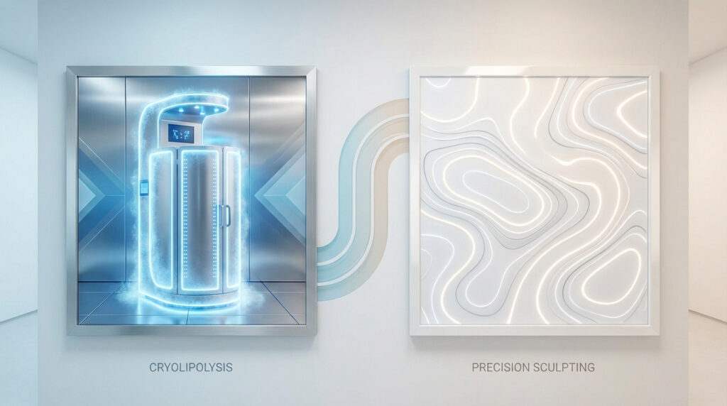 Deux cadres muraux présentent la cryolipolyse (machine bleue futuriste) et la sculpture de précision (lignes lumineuses ondulées).