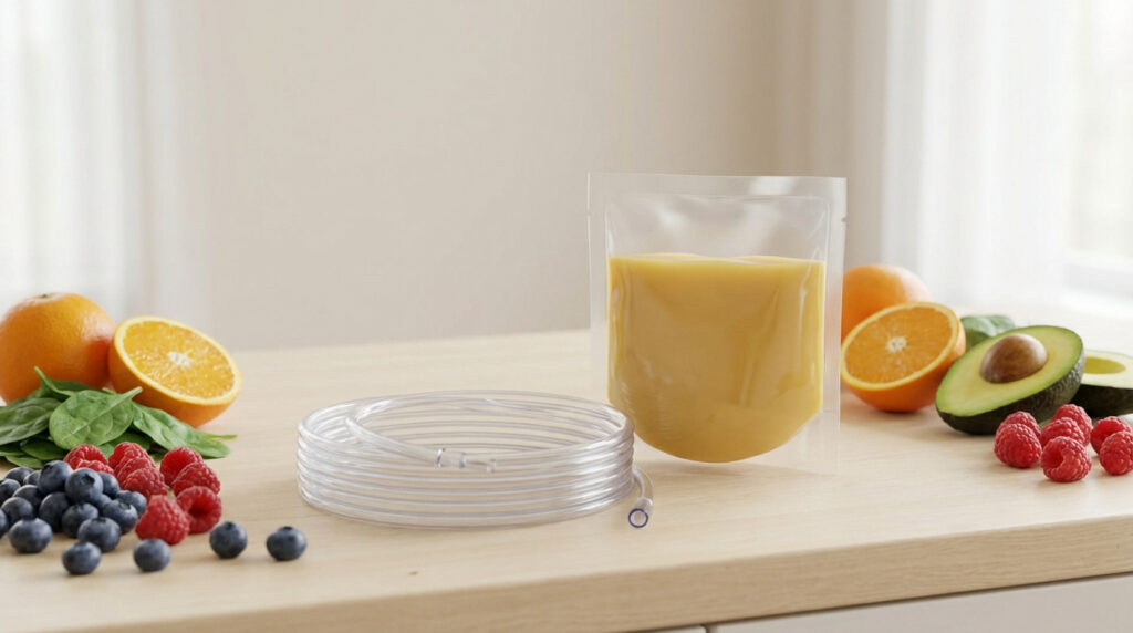 Fruits frais, légumes, poche de nutriments et sonde pour alimentation entérale sur une table.