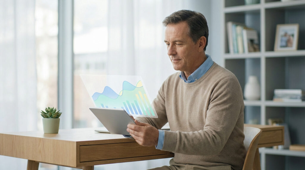 Homme d'âge mûr examinant un affichage holographique de graphiques et données sur une tablette, assis à un bureau clair.