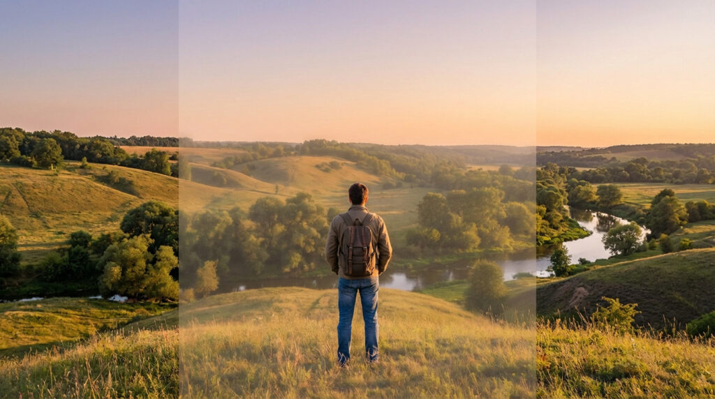Un homme de dos contemple un paysage vallonné au lever du soleil. L'image est subtilement divisée, simulant une altération du champ visuel.